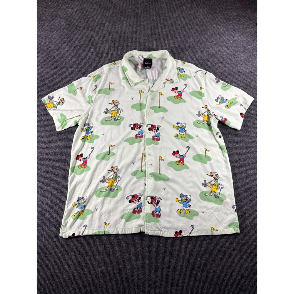 Disney BoxLunch Mickey Donald Goofy Golf Print Rayon Button Down Shirt XL Green